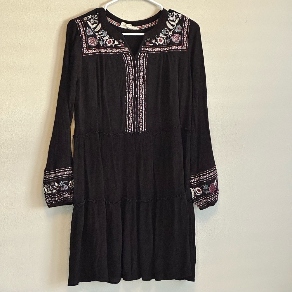 Embroidered Boho Peasant Dress L Black Floral Long Sleeve Midi Cottage Festival